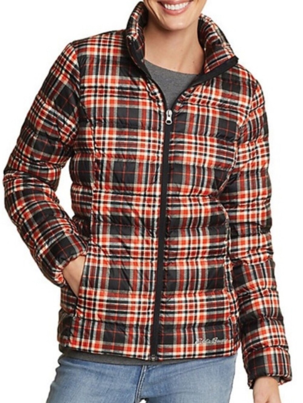 NWT Eddie Bauer CirrusLite Down 650 Fill Orange And Black Plaid Jacket Size XS
